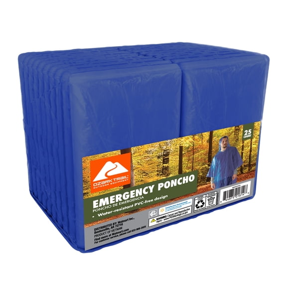 Ozark Trail Emergency Rain Ponchos, Blue, 25 Count