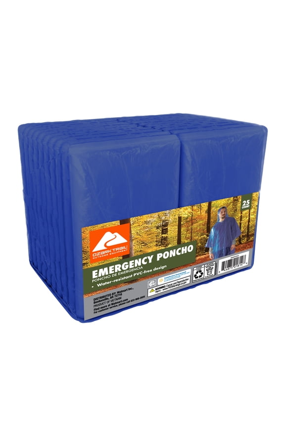 Emergency Rain Ponchos, Blue, 25 Count