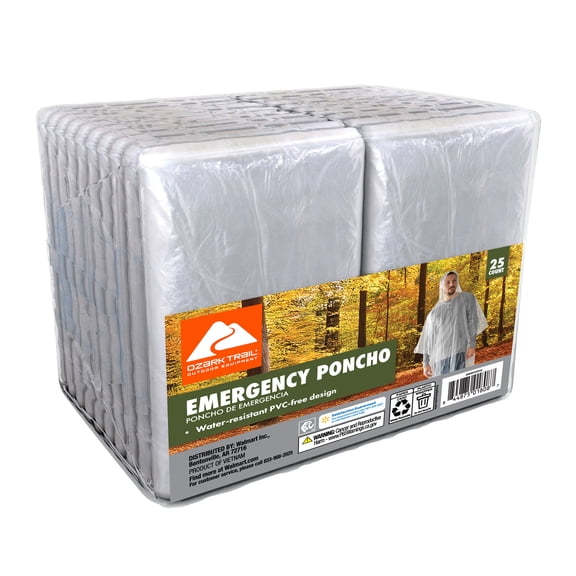 Ozark Trail Emergency Rain Ponchos, Clear, 25 Count