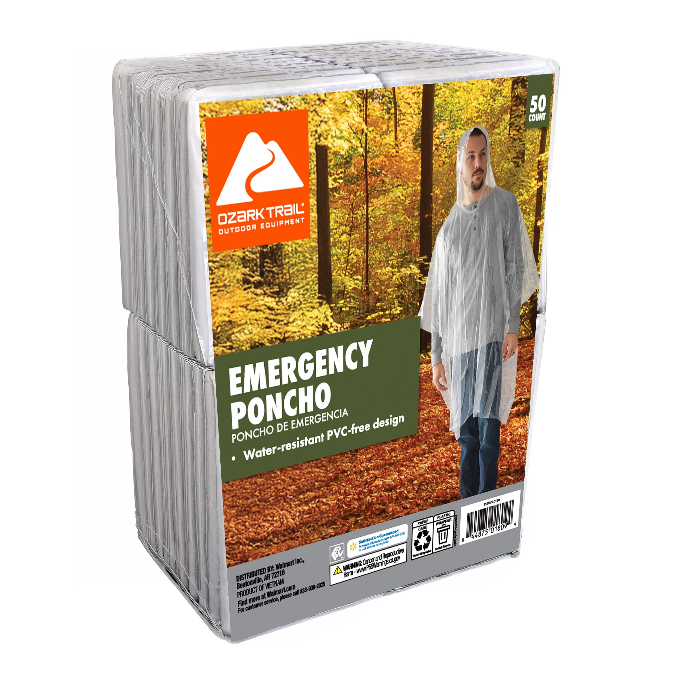 Ozark Trail Emergency Rain Ponchos, Clear, 50 Count