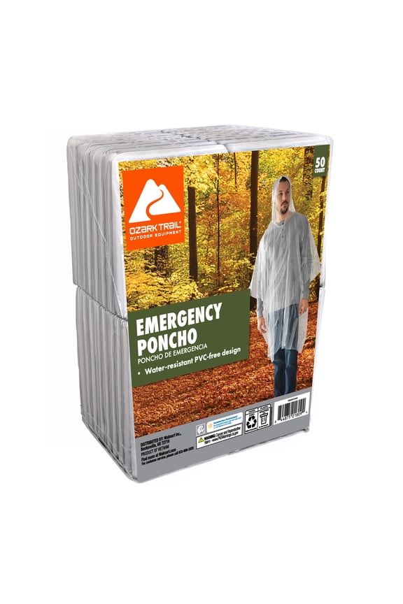 Emergency Rain Ponchos, Clear, 50 Count