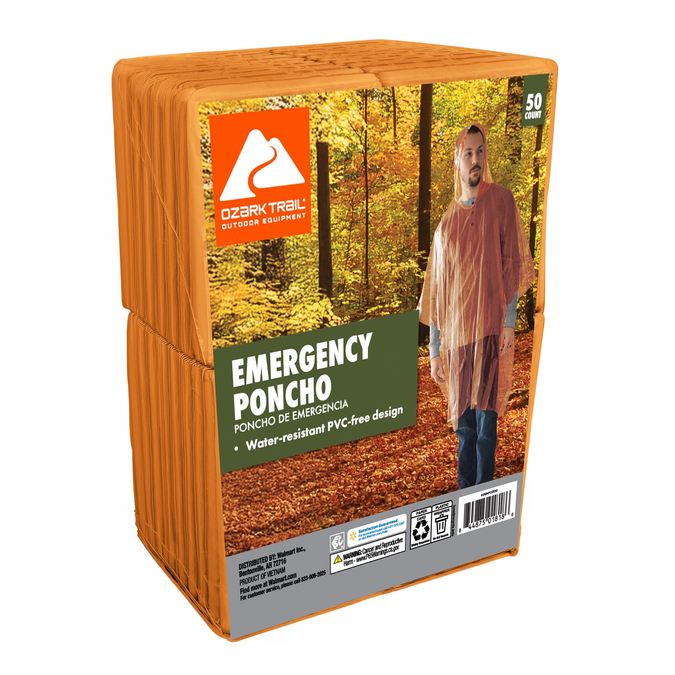 Ozark Trail Orange Emergency Poncho - 50 pack