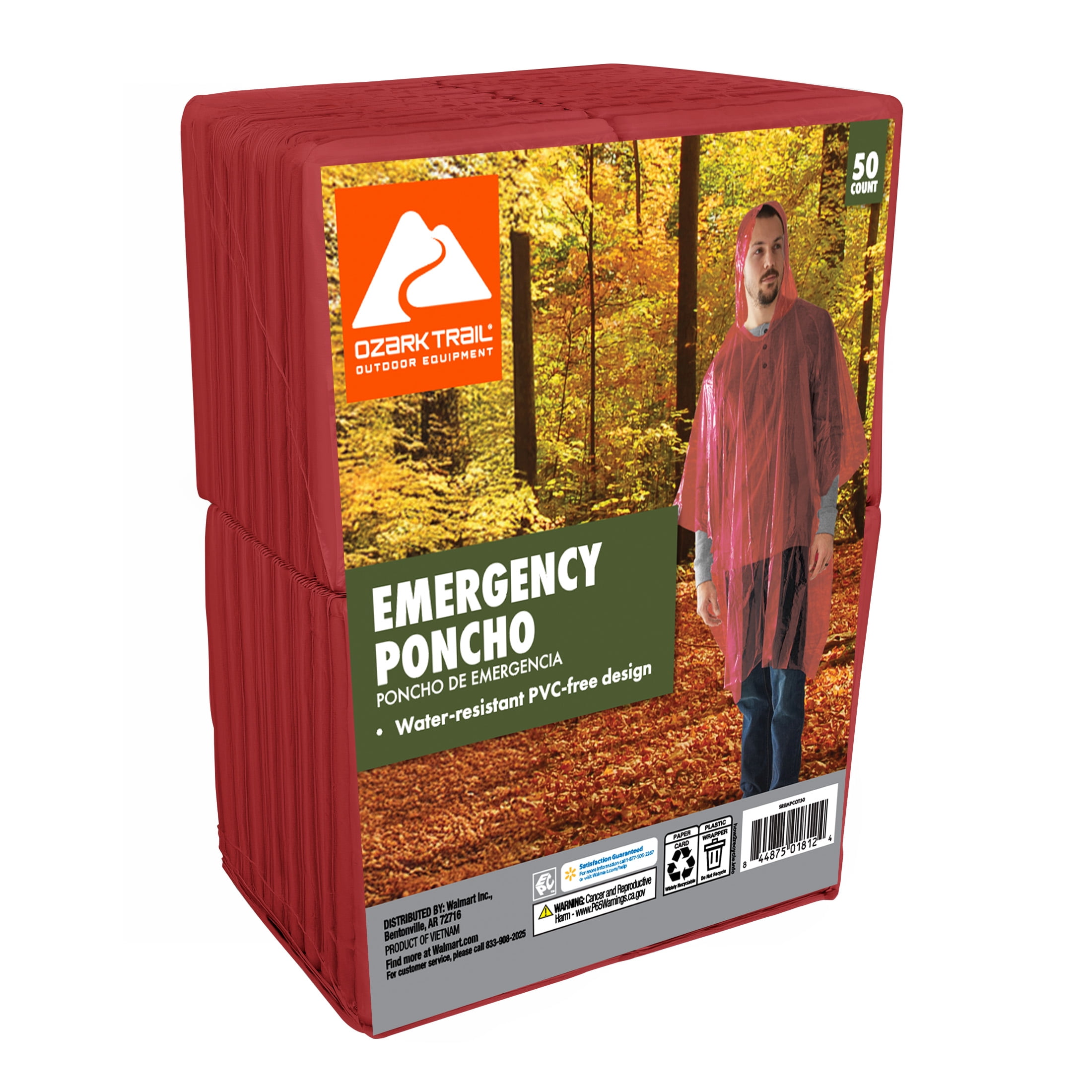 Ozark Trail Red Emergency Poncho - 50 pack