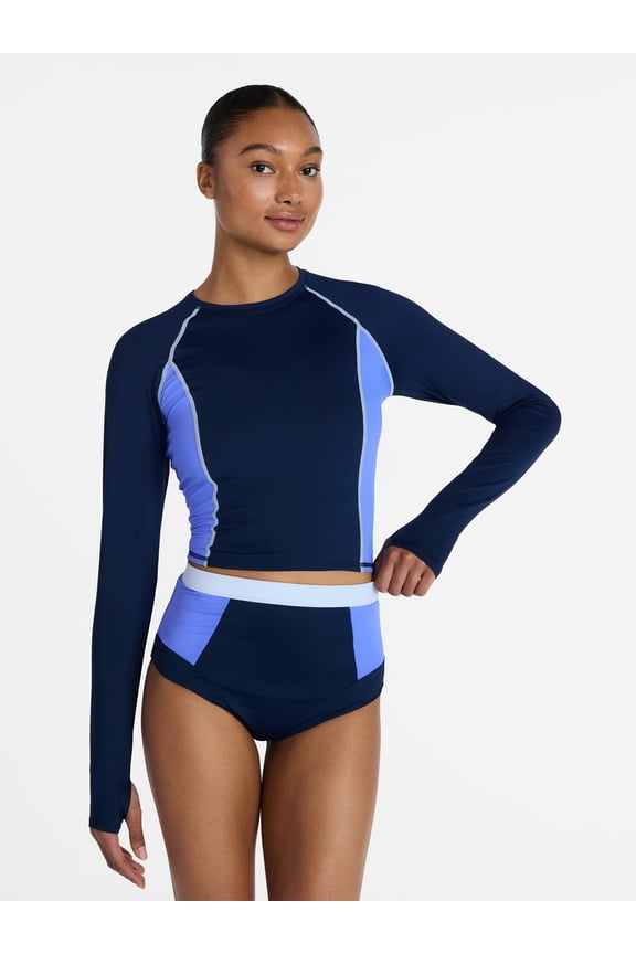 Women's and Women's Plus Size Rash Guard Swim Top with Long Sleeves, Size XS-3X