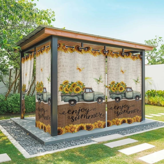 Summer Truck Sunflower Outdoor Curtains for Patio, Country Vintage Yellow Flower Leaf Butterfly Waterproof Outside Curtains Privacy Blackout Curtain for Porch Pergola Cabana, 2 Panel 54W x 108L Inch
