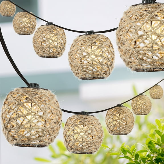 JONATHAN Y Oahu 10-Light Indoor/Outdoor 10 ft. Rustic Coastal LED C7 Globe Hemp Rope Shaded String Lights, Light Brown
