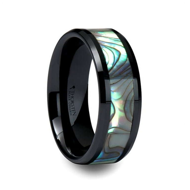 Thorsten OAHU Beveled Black Ceramic Ring with Shell Inlay - 8mm Thorsten OAHU Beveled Black Ceramic Ring with Shell Inlay - 8mm