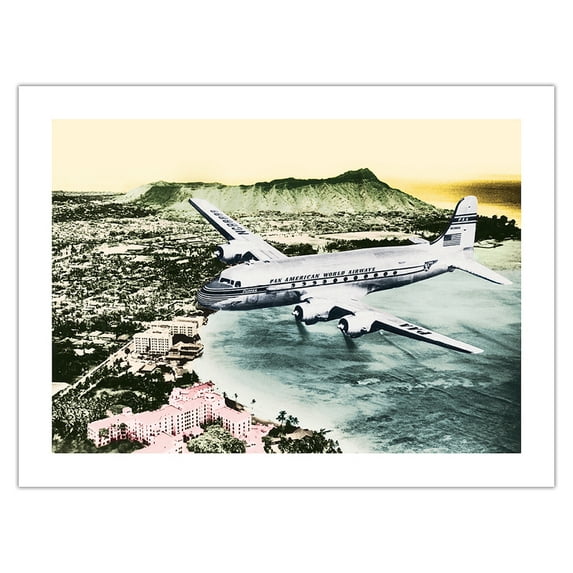 Oahu Hawaii - Diamond Head Crater Waikiki Beach - Douglas DC-4 Clipper - Vintage Hand Colored Photograph c.1947 - Bamboo Fine Art 290gsm Paper (Unframed) 12x16in