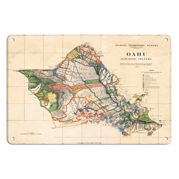 Oahu Hawaii - Hawaiian Islands - Survey Map - T.H. Territory of Hawaii USA - Vintage Map by John M. Donn c.1902 - 8 x 12 inch Vintage Metal Tin Sign