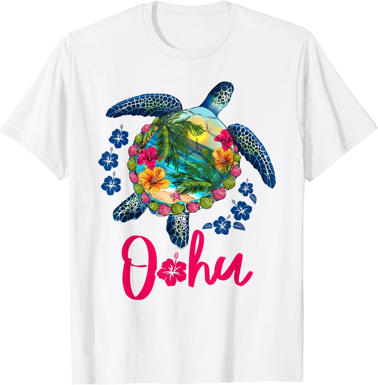 Oahu Hawaii Hawaiian Sea Turtle - Hibiscus Summer Vacation T-Shirt ...