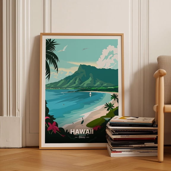 Oahu Hawaii Honolulu Tropical Travel Wall Art, Unframed Paper Poster 8x10in