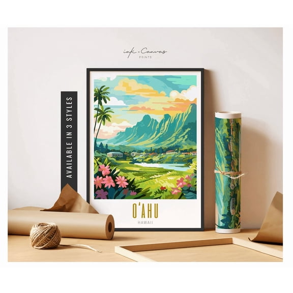 Oahu Hawaii Koolau Mountain Range Travel Poster Hawaiian Wall Art Home Decor Office Wall Art