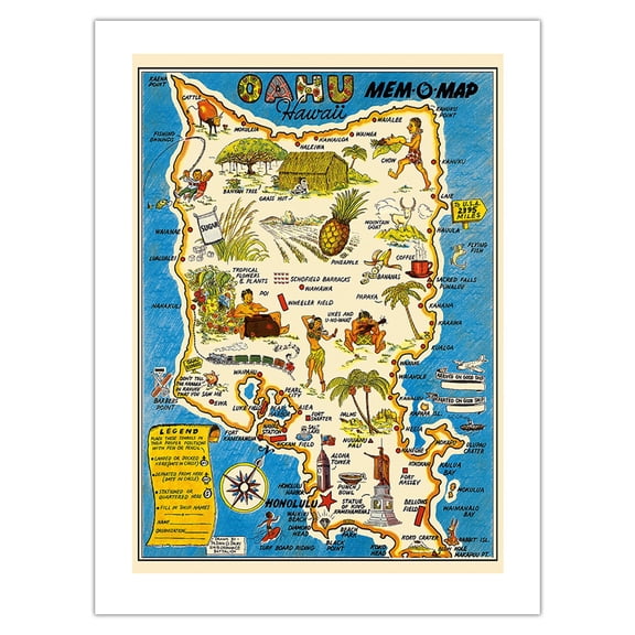 Oahu Hawaii Mem-O-Map - World War II Military Souvenir Map - Vintage Pictorial Map by John G. Drury c.1946 - Bamboo Fine Art 290gsm Paper (Unframed) 12x16in