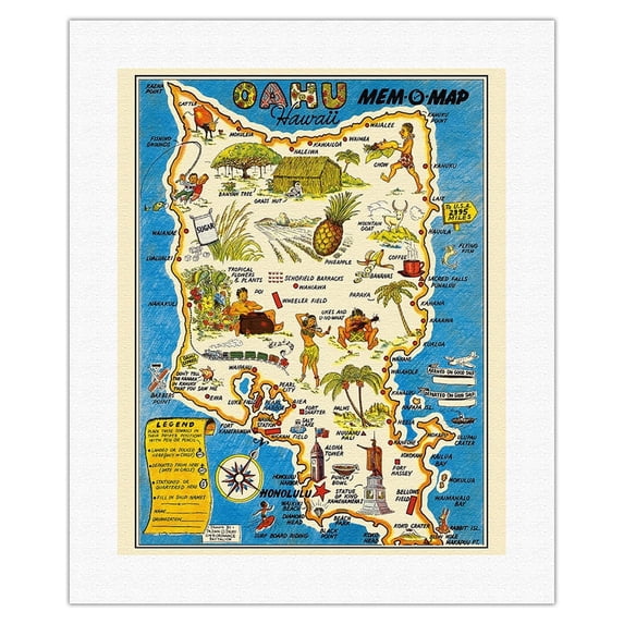 Oahu Hawaii Mem-O-Map - World War II Military Souvenir Map - Vintage Pictorial Map by John G. Drury c.1946 - Fine Art Rolled Canvas Print 16in x 20in