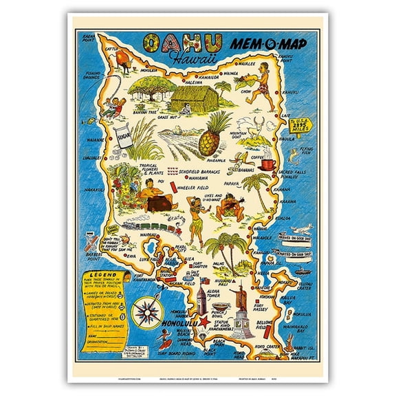 Oahu Hawaii Mem-O-Map - World War II Military Souvenir Map - Vintage Pictorial Map by John G. Drury c.1946 - Master Art Print 10in x 14in