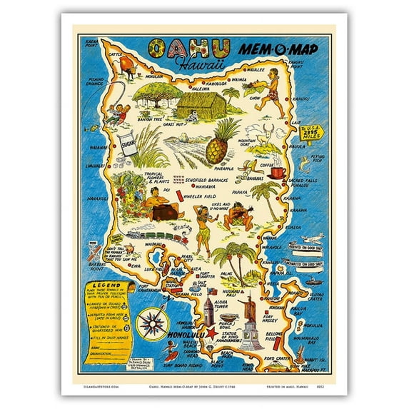 Oahu Hawaii Mem-O-Map - World War II Military Souvenir Map - Vintage Pictorial Map by John G. Drury c.1946 - Master Art Print (Unframed) 9in x 12in