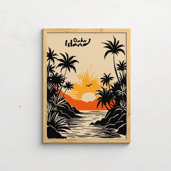 Oahu Hawaii Retro Sunset Decoration Tropical Palm Tree Wall Art Unframed Paper Print