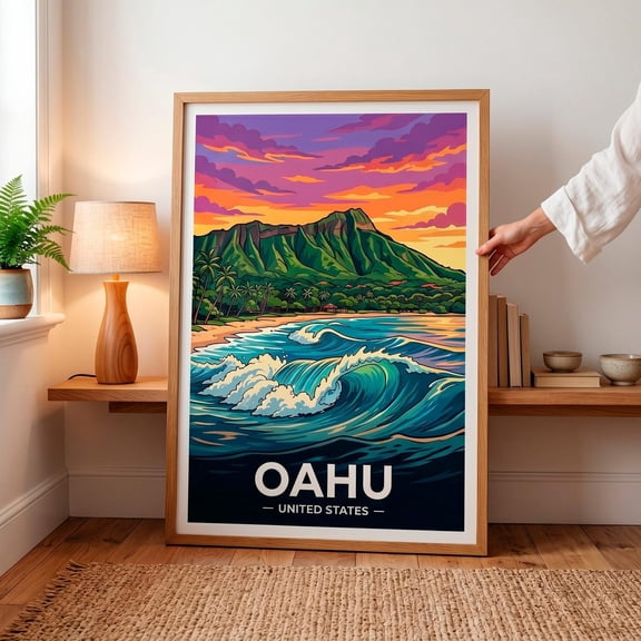 Oahu Hawaii Wall Art Travel Print Vintage Surf Art Tropical Beach Sunset Coastal Wrapped New Apartment Decor