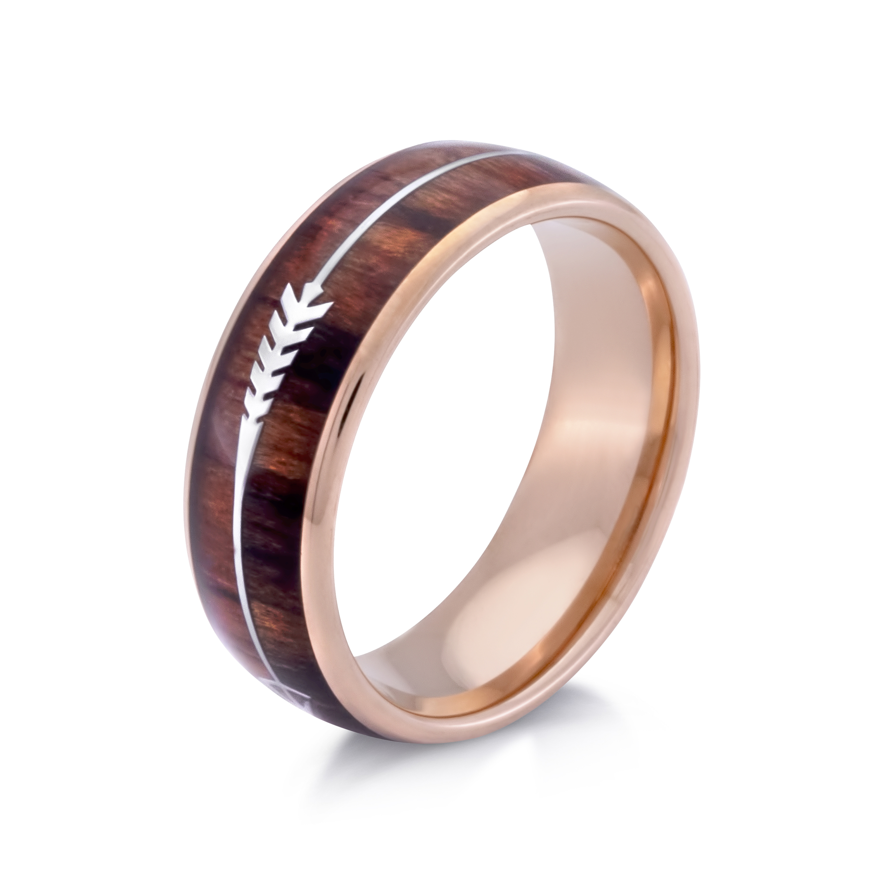 Oahu Jewelers Arrow Koa Wood and Rose Gold Tungsten Men's Engagement