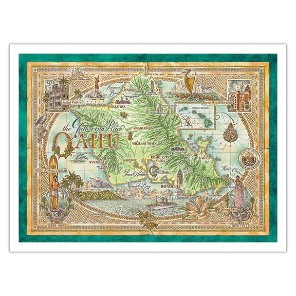 Oahu The Gathering Place - Vintage Pictorial Map by Dave Stevenson - Bamboo Fine Art 290gsm Paper (Unframed) 12x16in