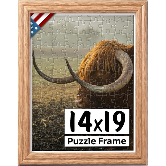 Oak 14x19 Picture Frame .75" Inch Wide - Handmade Solid Wood 14 x 19 Frame for Puzzle with Preinstalled Hangers and UV Blocking Plexiglass 14x19 Frame