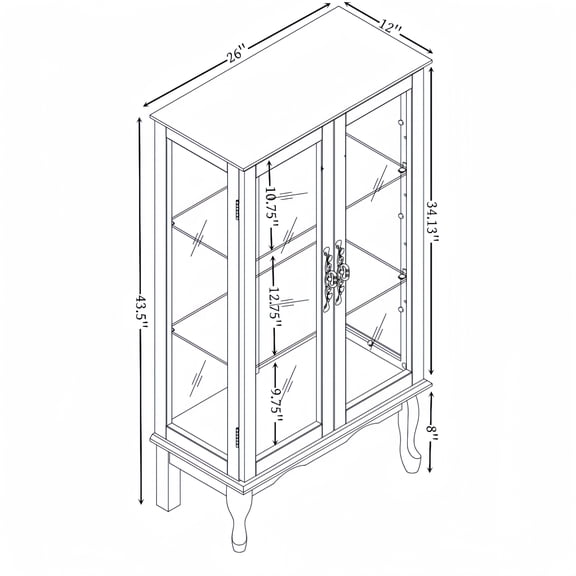 Oak 2 Doors Curio Cabinet with Tempered Glass Doors, Mirrored Back Panel and Adjustable Shelves, Lighted Display Cabinet for Home Office, Light Bulb Included