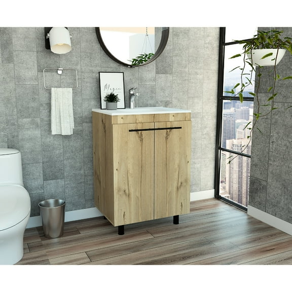 Oak 24" Floor Cabinet, Double Door & Two Shelves - Music Room Vanity Beige Particle Board With