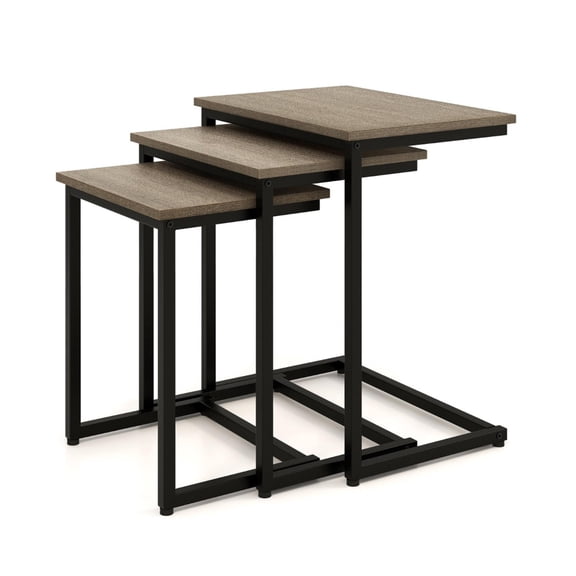 Oak 3-Piece Multifunctional Coffee & C-Shaped End Table Set, Stackable MDF Side Tables with Sturdy Steel Tube Frame for Living Room Bedroom Office