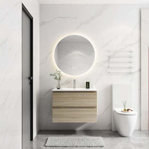 Oak 30" Bathroom Vanity With Ceramic Sink And 2 Drawers - Modern Style &