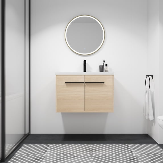 Oak 30 Inch Bathroom Vanity with resin Countertop Sink, 2 Doors Bathroom Cabinet Set