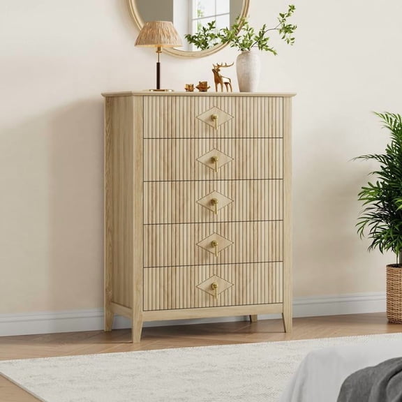 Oak 32 Inch Wide 5-Drawer Fluted Dresser, Metal Handle Multifunctional Storage Nightstand