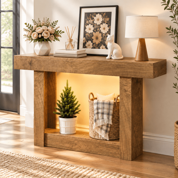 Oak 47IN 2-Tier Console Table with Outlet and Motion Sensor Light