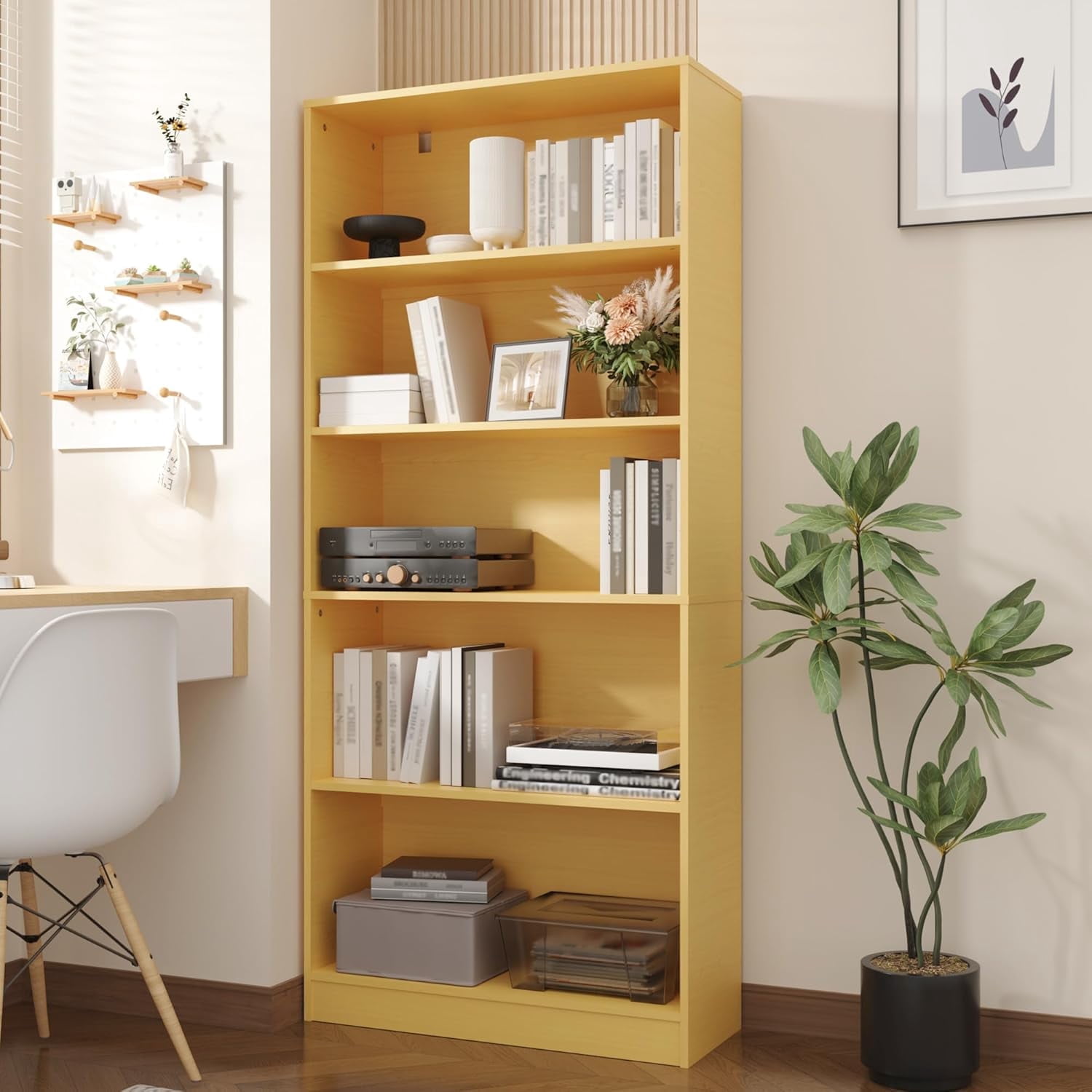 71" Tall 5-Tier Book Shelf With Doors - Oak Finish, 31.5"W X 70.87"H X 11.81"D, Large Display Shelf For Living Room, Office, Library