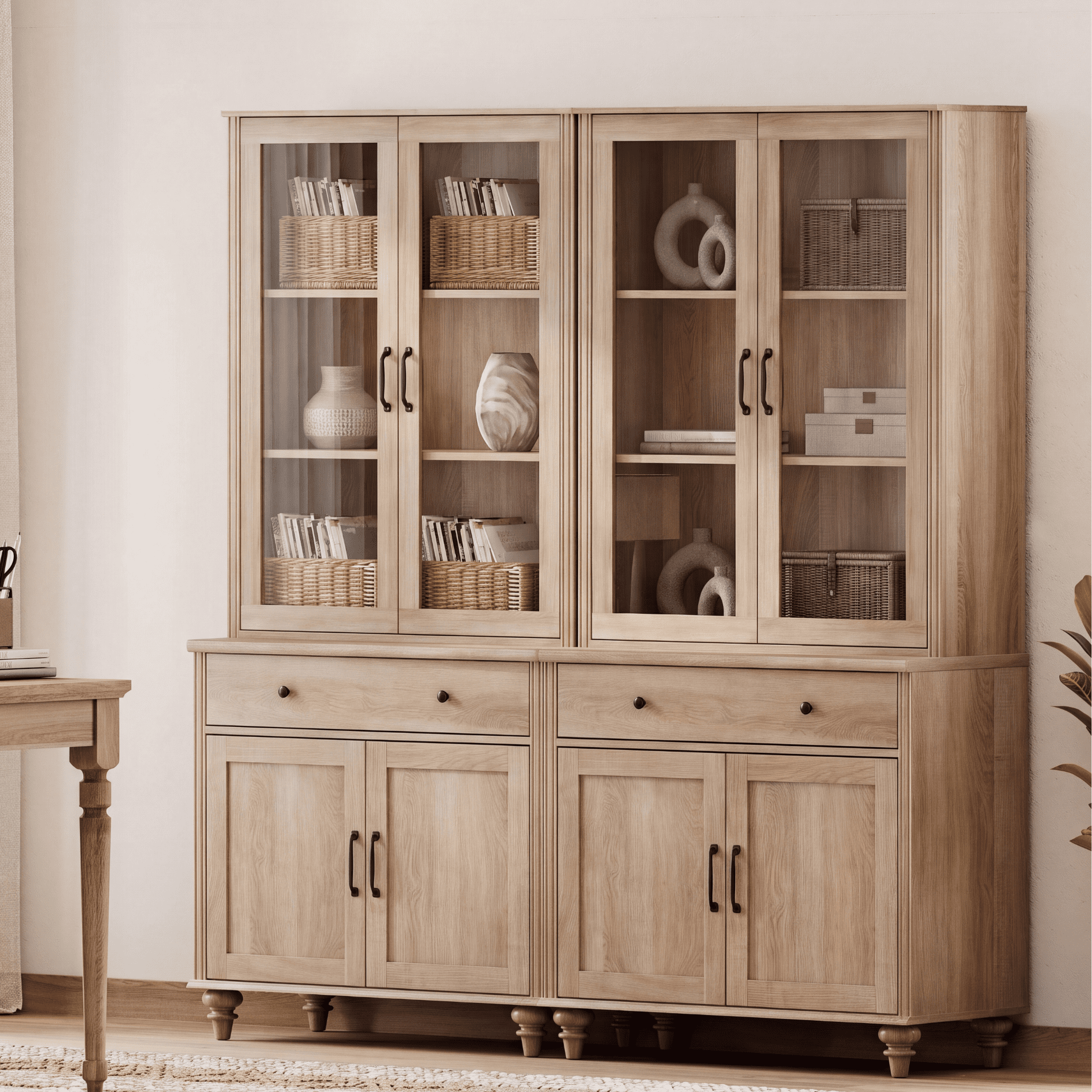 Oak 5-Tier Bookcase with Glass Doors, Farmhouse Bookshelf with Ample Storage Cabinet, Large Library Wooden Bookshelves for Living Room, Office, Kitchen