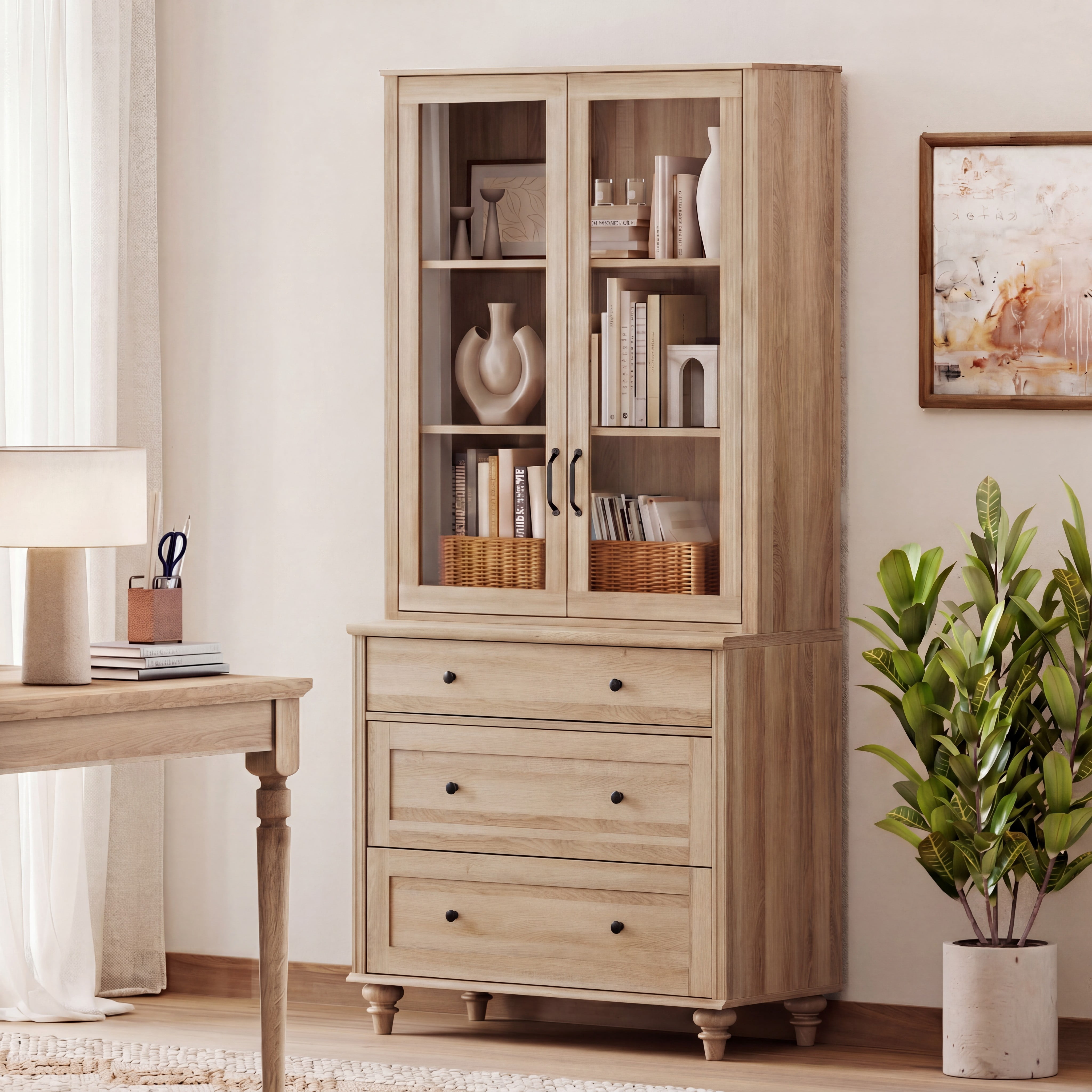 Oak 5-Tier Bookcase with Glass Doors, Bookshelf with 3 Drawers, Farmhouse Library Wooden Bookshelves for Living Room, Office, Kitchen