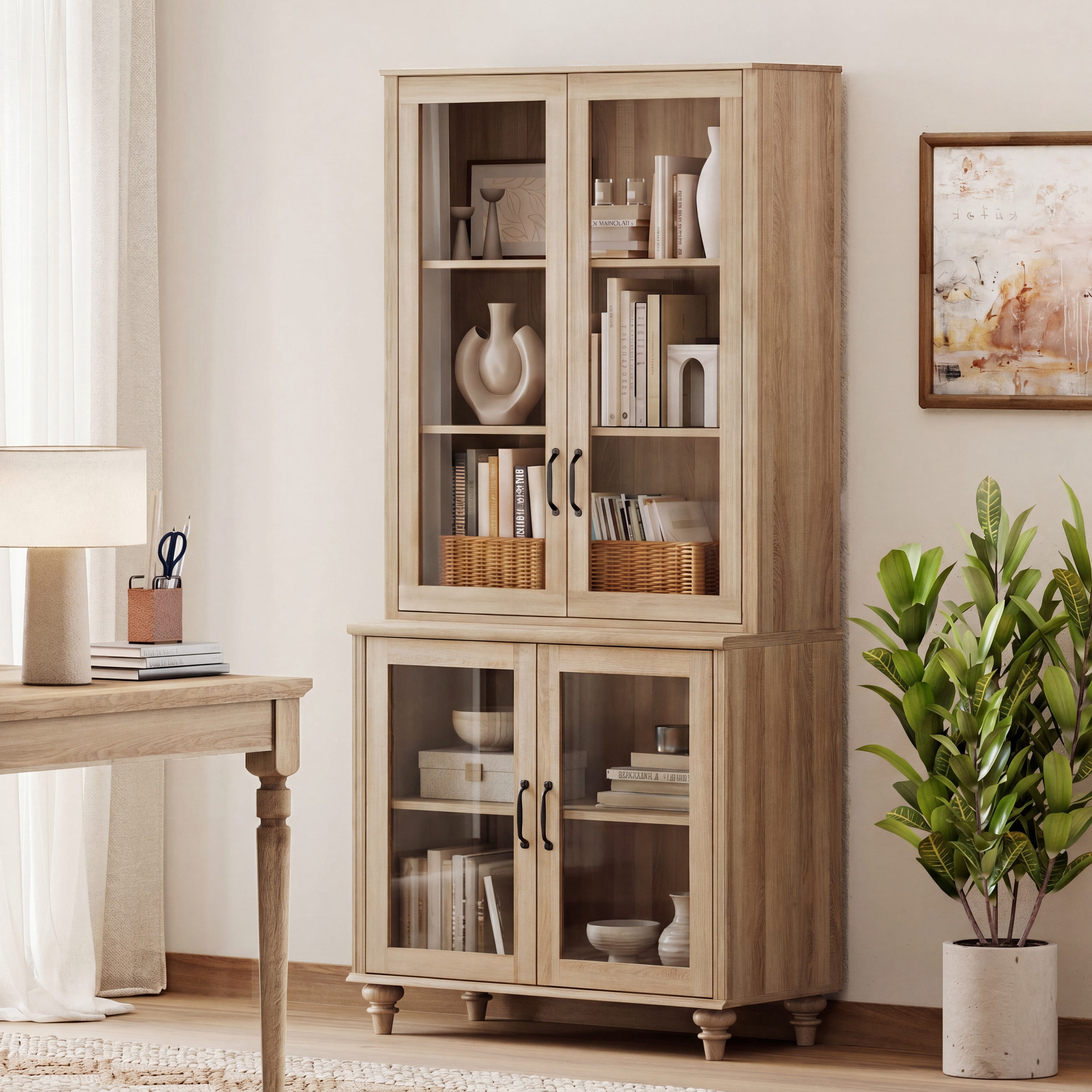 Oak 5-Tier Bookcase with Glass Doors and Adjustable Shelf, Farmhouse Library Wooden Bookshelves for Living Room, Office, Kitchen