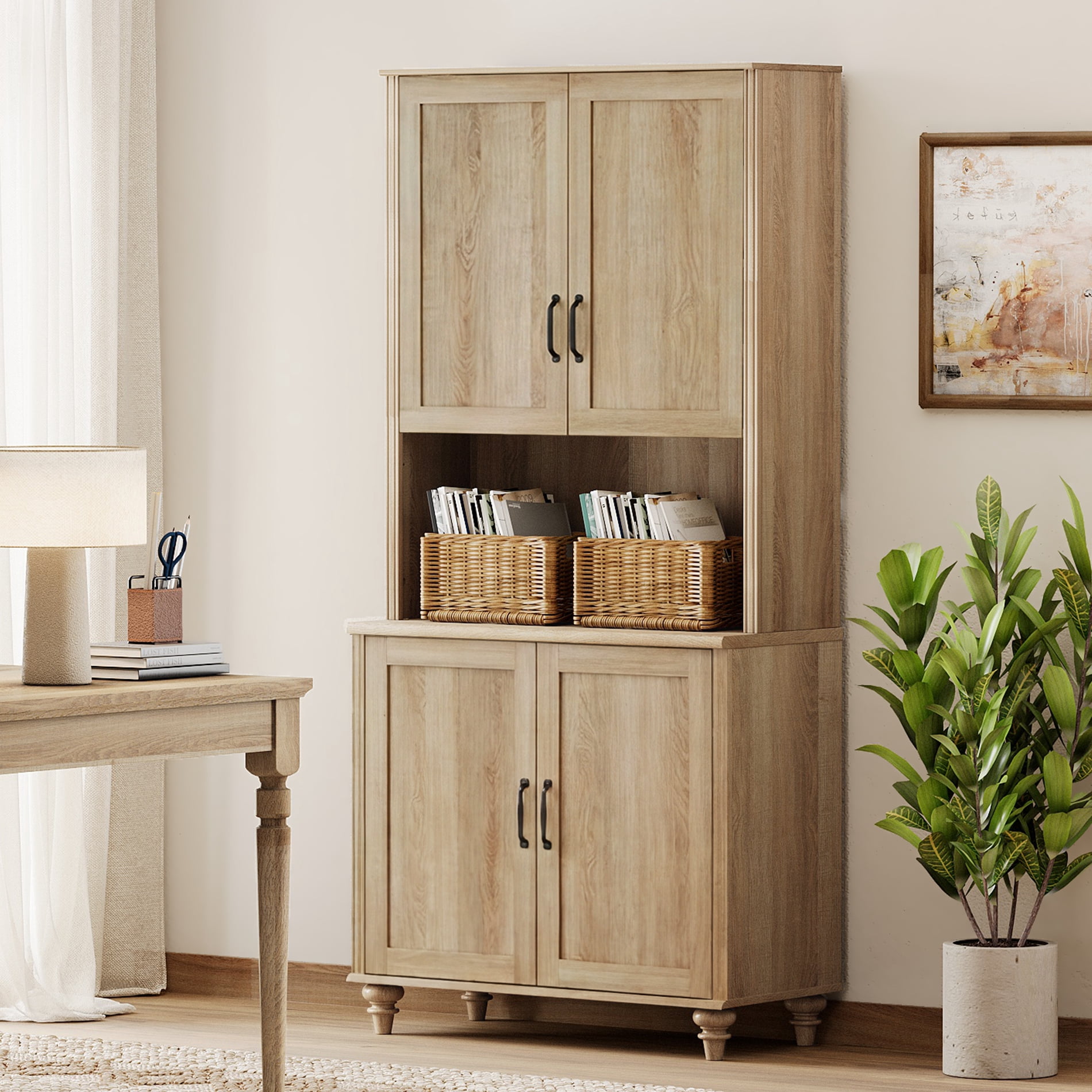Oak 5-Tier Bookcase with Wood Doors, Bookshelf with Ample Storage Cabinet, Farmhouse Library Wooden Bookshelves for Living Room, Office, Kitchen