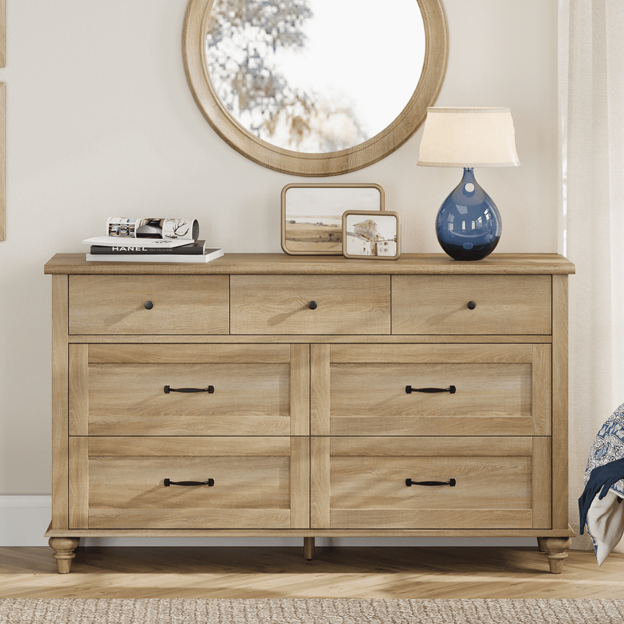 Oak 7 Drawer Dresser for Bedroom, Wooden Chest of Drawers for Living Room