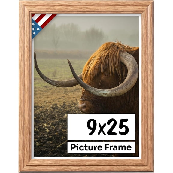 Oak 9x25 Picture Frame .75" Inch Wide - Faux Oak Decor Handmade Solid Wood Frames with Preinstalled Hangers and UV Blocking Plexiglass 25x9 Frame