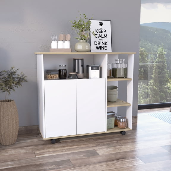 Oak And White Kitchen Island, 4 Shelves, Locking For Motivated Organized Storage 4-shelf Practical Movement