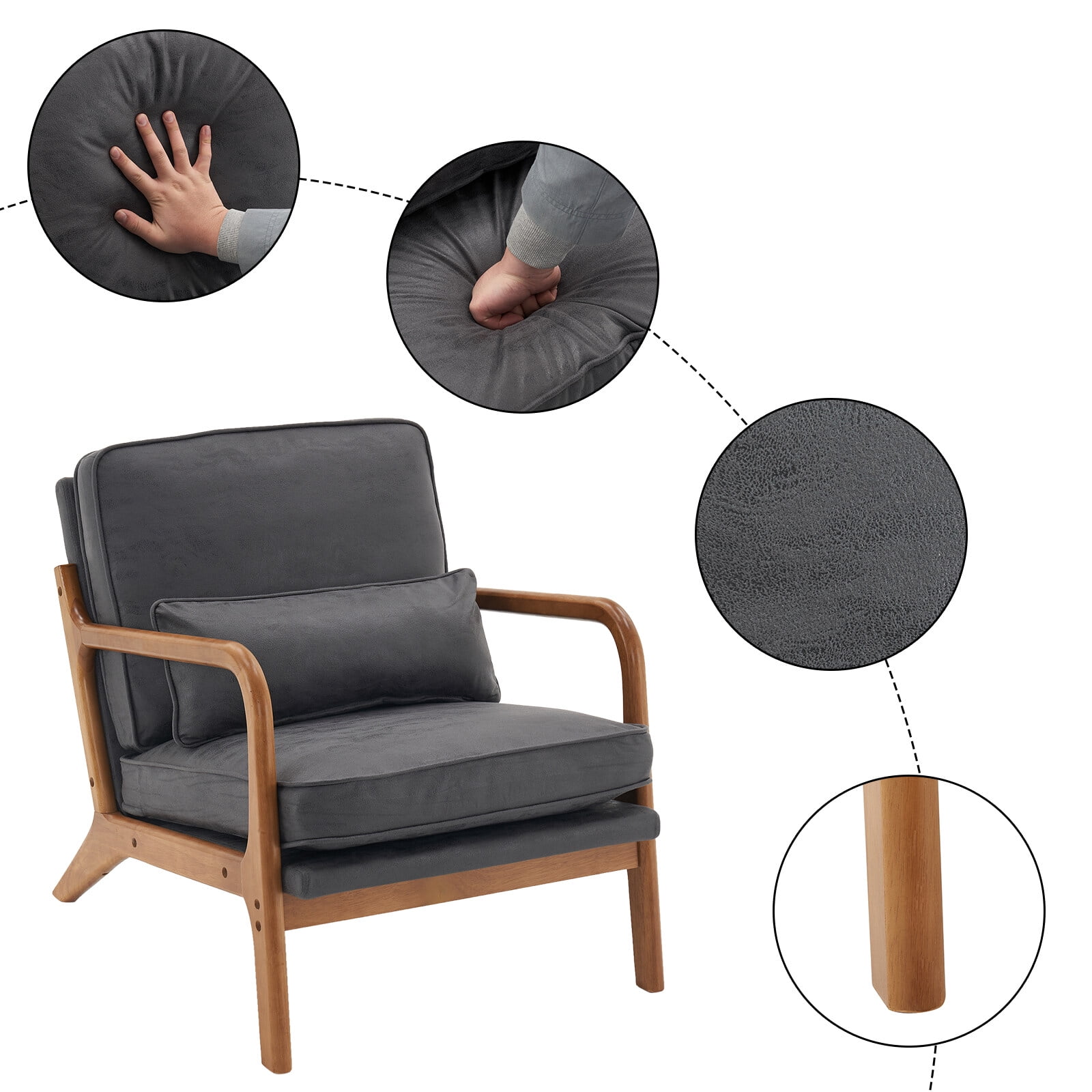 Dark Grey Velvet Arm Chair with Wood Frame