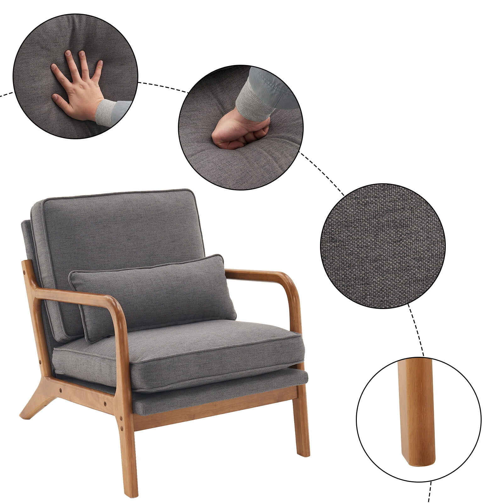 Dark Grey Linen Upholstered Wood Frame Accent Chair