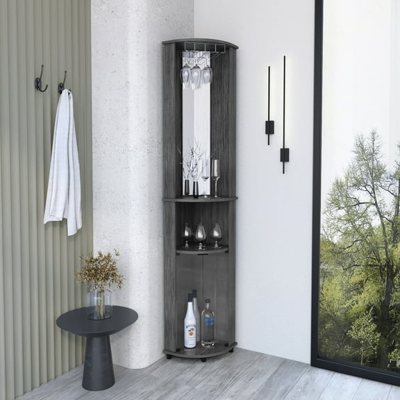 Oak Bar Cabinet, - Wine Glass Display Option Corner Cabinet With Stand & Lower Compartment