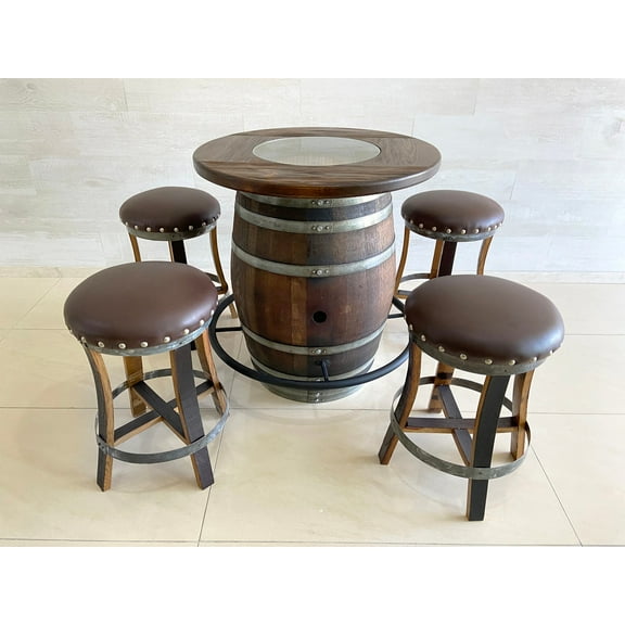 Oak Barrel Pub Table Set, Counter Height Wood Glass Top, Foot Rail, Bar Stools, Home Bar, Man Cave - Handmade from Family Business