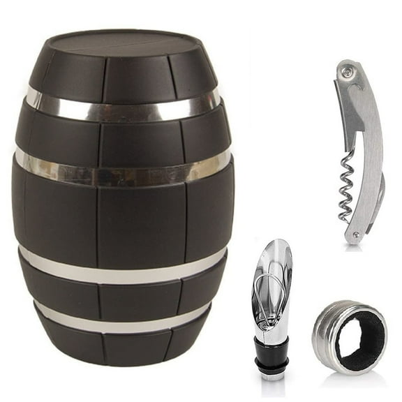 Oak Barrel Shaped Wine Accessories Bar Gift Set 3"x3"x6" with Waiter's Corkscrew, Wine Ring, Wine Pourer