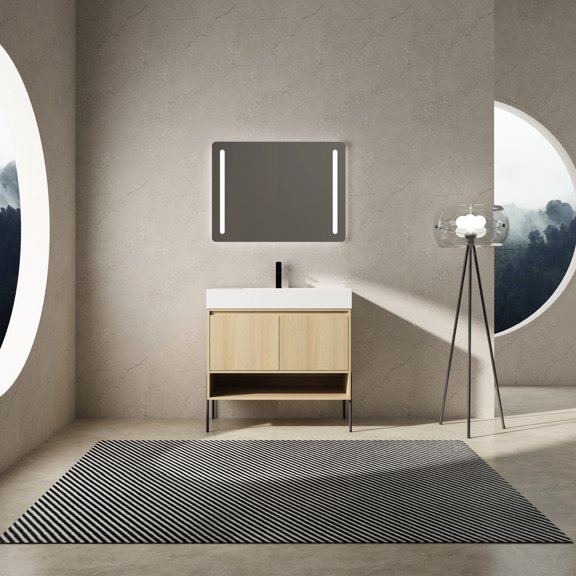 Oak Bathroom Vanity With Single Resin Sink And Cabinet Function - 36 Versatile Option