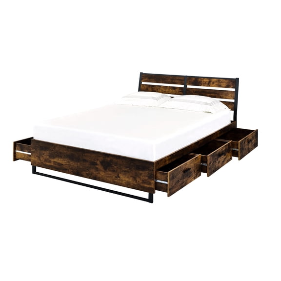 Oak Bed with Six Storage Drawers and Contemporary Industrial Style for Bedroom