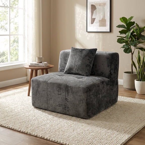 Oak and Birch 1-Seater Modular Armless Chair, Boneless Compressed Couch with Velvet Upholstery, No Assembly Living Room Sofa with Chaise & Bed-Style Layout Options (1-Seater), Dark Gray