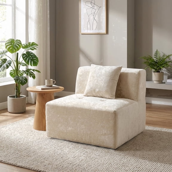 Oak and Birch 1-Seater Modular Armless Chair, Boneless Compressed Couch with Velvet Upholstery, No Assembly Living Room Sofa with Chaise & Bed-Style Layout Options (1-Seater), Cream