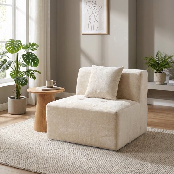 Oak and Birch 1-Seater Modular Armless Chair, Boneless Compressed Couch with Velvet Upholstery, No Assembly Living Room Sofa with Chaise & Bed-Style Layout Options (1-Seater), Cream